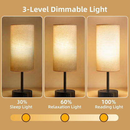 Table Lamp for Nightstand, High-Sensitivity Touch, 3-Level Dimmable Bedside Lamp with AC Outlet | USB | and USB-C, Ideal Night Stand Lamp for Bedroom, Reading, Living Room(Warm&Wooden)