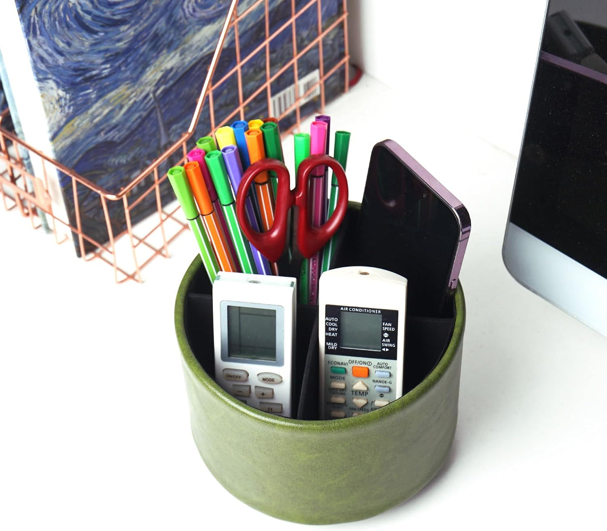 Round Leather Art Supply Organizer,Remote Control Holder,360 Degree Rotating,Multi-Functional Pencil Holder,4 Compartments Desktop Stationary Organizer(1-Blue Bird) - Colors C