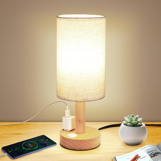 Small Bedside Table Lamp for Bedroom,Natural Round Wood Base&Fabric Linen Shade,Cozy Night Table Light for Study Reading,Minimalist Boho Desk Lamp for Nightstand,Living Room,Nursery,Kitchen,Dorm