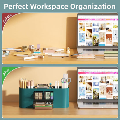 Marbrasse Desk Organizer Pen Holder for Desk with 3 Drawers, Multi-Functional Pencil Holder, Desk Organizers and Accessories with 7 Compartments for Home, School, Classroom(Pink)