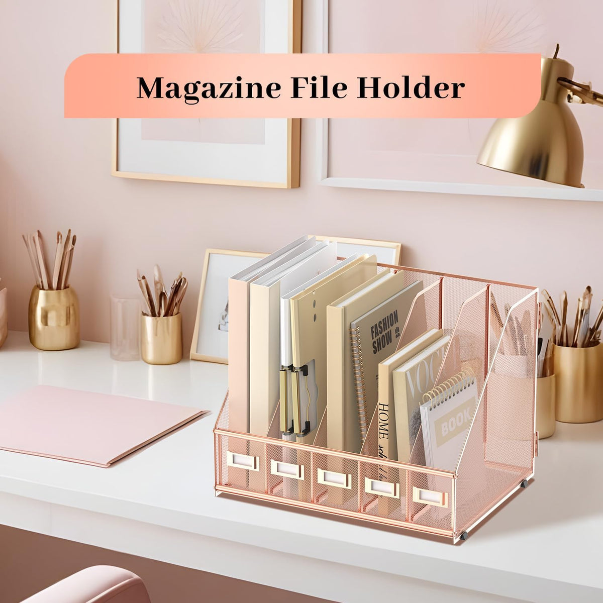 Desk Organizers Metal Desk Magazine File Holder with 5 Vertical Compartments Rack File Organizer for Office Desktop, Classroom, Home Workspace, Black