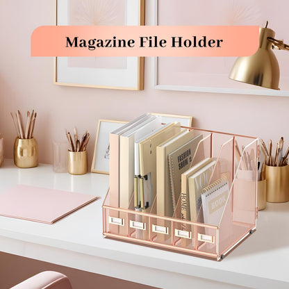 Desk Organizers Metal Desk Magazine File Holder with 5 Vertical Compartments Rack File Organizer for Office Desktop, Classroom, Home Workspace, Black