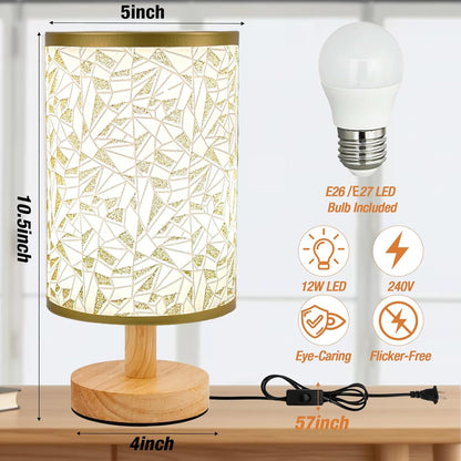 Desk Lamp LED Bulb Included, Small Bedside Table Lamp Plug-in - Classic Wood Base with Flaxen Fabric Shade, Lamps for Night Stands, Simple Nightstand Light for Bedroom, Office, Desk