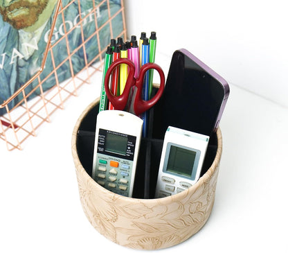 Round Leather Art Supply Organizer,Remote Control Holder,360 Degree Rotating,Multi-Functional Pencil Holder,4 Compartments Desktop Stationary Organizer(1-Blue Bird) - Colors B