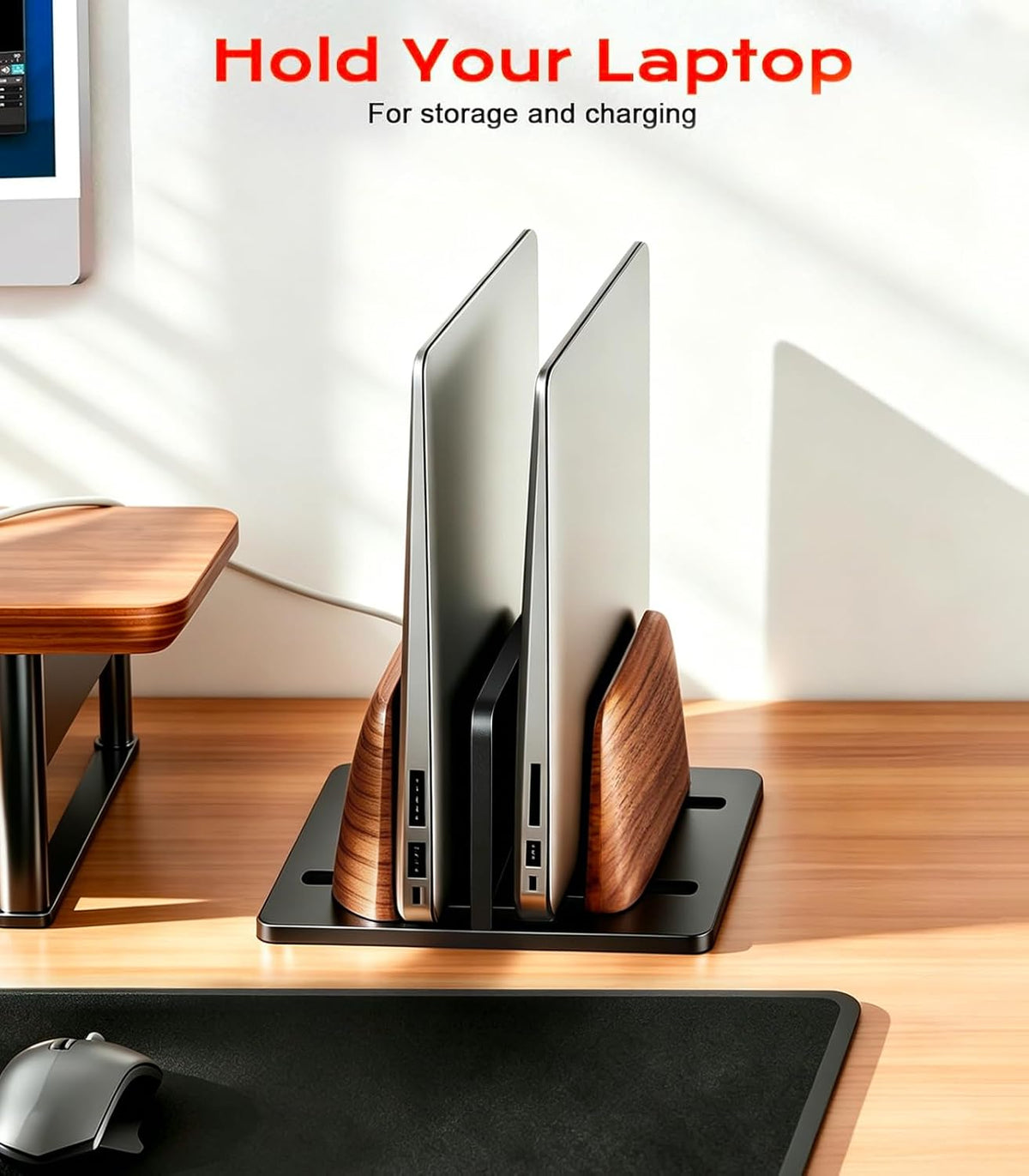JCZT Vertical Laptop Stand, Walnut Dual Laptop Holder with Adjustable Aluminum Alloy Base Laptop Stand Compatible with All MacBok/Surface/Samsung/HP/Dell/Chrome Book (Silver)