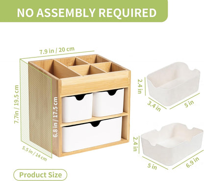 Bamboo Vanity Organizers with 3 Drawer, Mini Desk Organizer for Home, 3-tier Study/Office Organizer Rack, Adjustable 5 Compartment Makeup Display Case, Dresser Storage for Lipstick, Jewelry, Nail Care