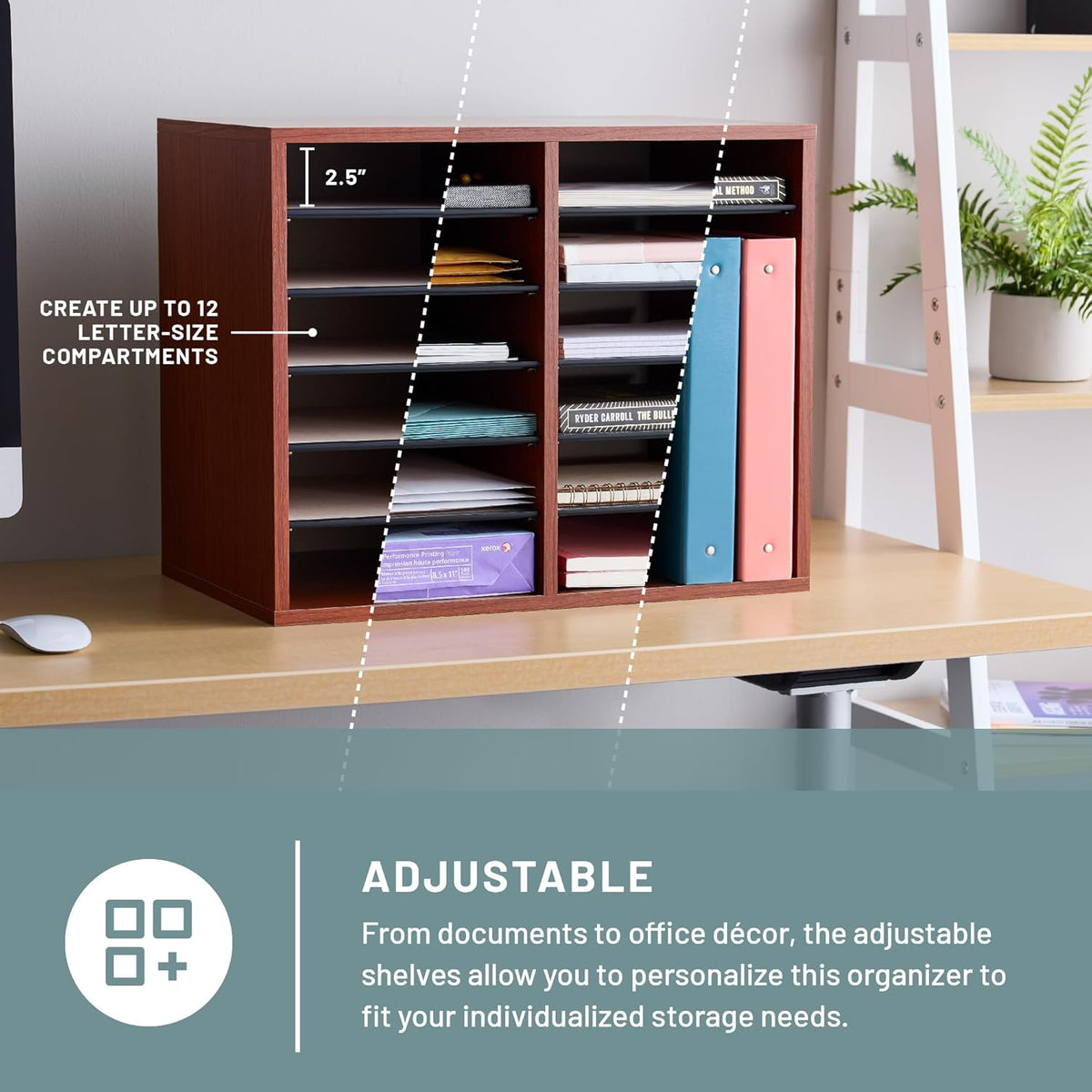 Safco 9422GR Wood Adjustable Literature & Paper Organizer, 16 Adjustable Compratment, Stackable Durable Construction, Home, Office, Mailroom, Classroom Mailbox , Gray
