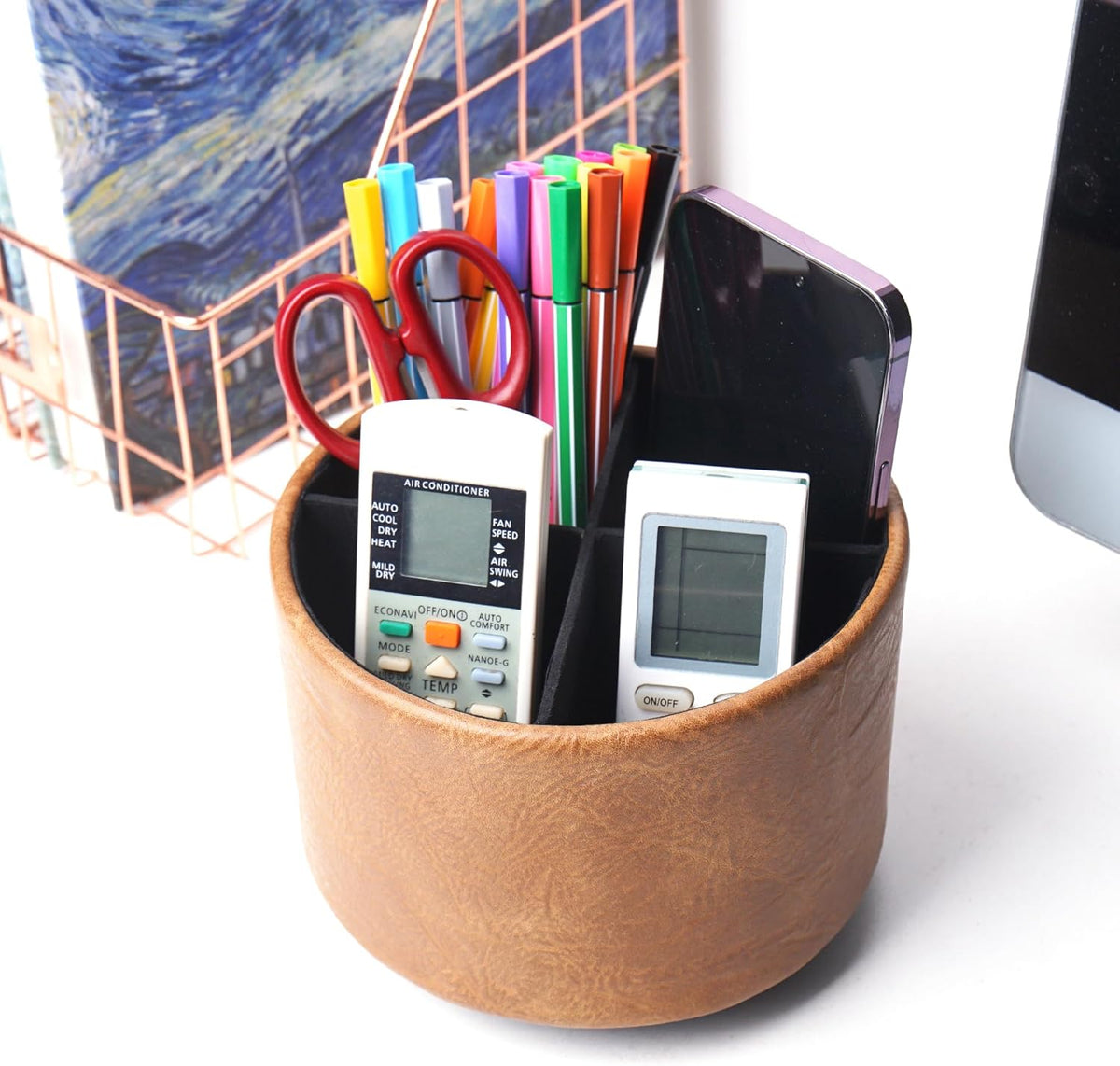 Round Leather Art Supply Organizer,Remote Control Holder,360 Degree Rotating,Multi-Functional Pencil Holder,4 Compartments Desktop Stationary Organizer(1-Blue Bird) - Colors C