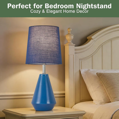 Small Bedside Table Lamp for Bedroom - Reading Desk Lamp with 3 Color Temperatures，15.5" Nightstand Ceramic Lamp with Fabric Shade for Kids Room,Living Room,Dorm,Home Office (Green)