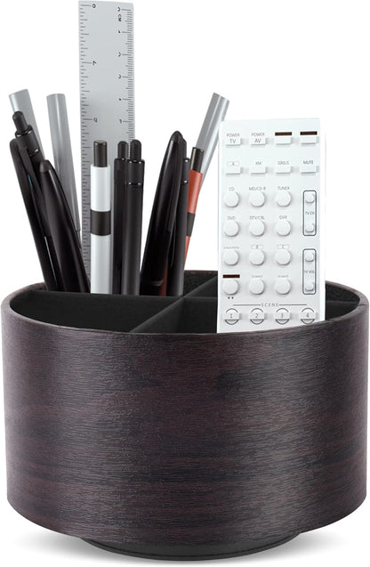 Round Leather Art Supply Organizer,Remote Control Holder,360 Degree Rotating,Multi-Functional Pencil Holder,4 Compartments Desktop Stationary Organizer(1-Blue Bird) - Colors A