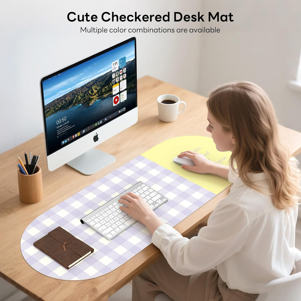 Checkered Pattern Desk Pad Protector, 35.5 x 13'' Aesthetic Mouse Mat for Desktop, Waterproof PU Leathe Non-Slip Desk Writing Pad for Office and Home, Green and Purple