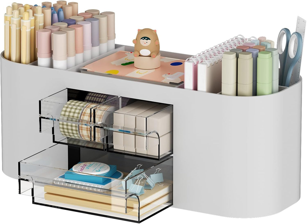 Marbrasse Desk Organizer Pen Holder for Desk with 3 Drawers, Multi-Functional Pencil Holder, Desk Organizers and Accessories with 7 Compartments for Home, School, Classroom(Pink)