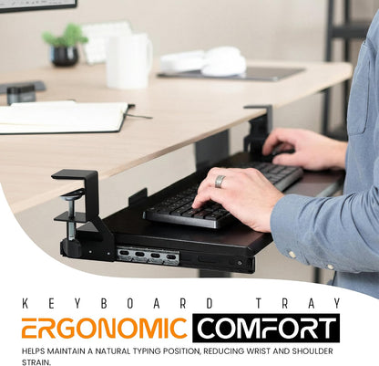 Keyboard Tray Under Desk Slide Out | MDF Board Platform with Iron Rail | Ergonomic Pull-Out Drawer with Clamp Mount | Space Saving Keyboard Shelf Attachment for Home Office Desk
