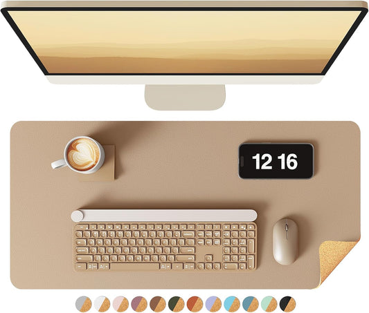 Double-Sided Desk Pad, 31.5"x15.7"Leather Desk Mat, Eco Cork Desk Pad Protector,Large Mouse Pad,Waterproof Desk Blotter for Office/Home(Coffee)