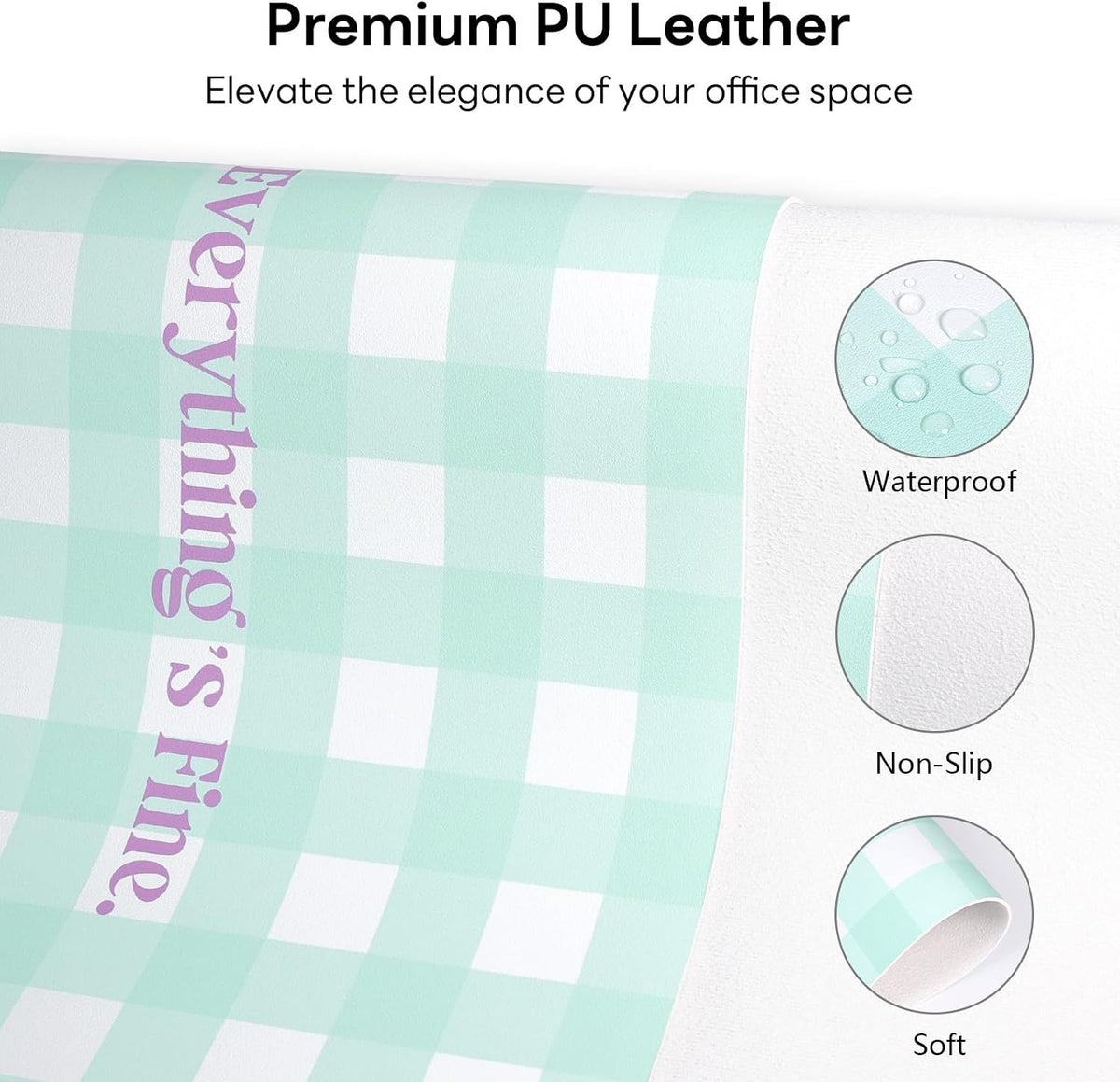 Checkered Pattern Desk Pad Protector, 35.5 x 13'' Aesthetic Mouse Mat for Desktop, Waterproof PU Leathe Non-Slip Desk Writing Pad for Office and Home, Green and Purple