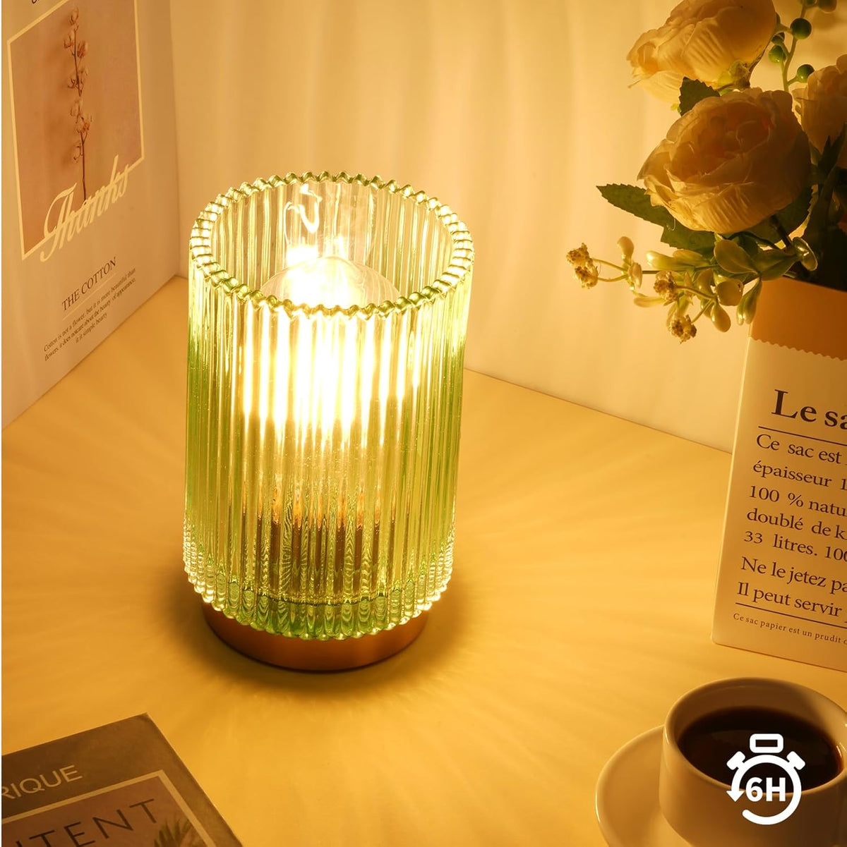 Battery Operated Lamp, Cordless Table Lamp with Timer, Desk Bedside Lamps with LED Warm Light, Glass Small Table Lamp for Bedroom, Bathroom, Living Room, Home Decor - Amber