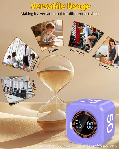 Digital Pomodoro Timer Cube 5/10/25/50min, Visual Productivity Flip Timer for Kids Classroom Desk, Custom Countdown, Silent and Sound Mode for ADHD Study Work Game Kitchen (Purple)