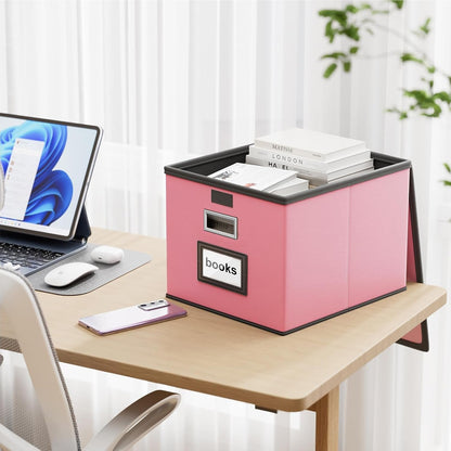 Upgraded Portable File Organizer Box with Lid, Collapsible Linen Hanging Filing Storage Boxes with Plastic Slides, Decorative Home/Office Filing System Box for File and Folders Storage (Gray)