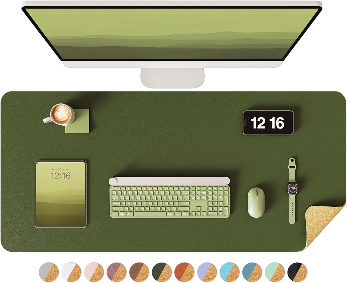 Double-Sided Desk Pad, 31.5"x15.7"Leather Desk Mat, Eco Cork Desk Pad Protector,Large Mouse Pad,Waterproof Desk Blotter for Office/Home(Coffee)