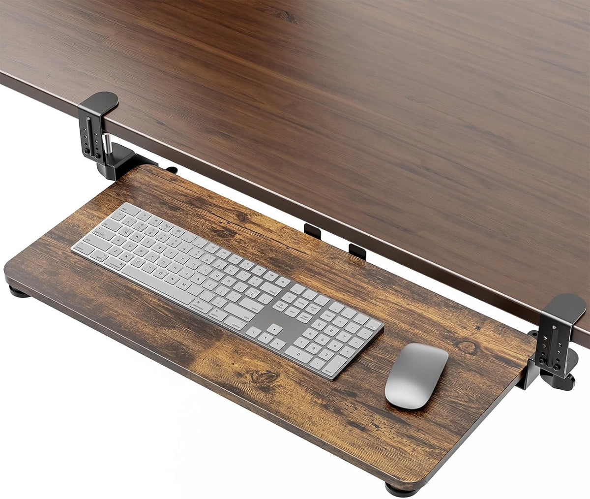 Small Keyboard Tray Under Desk, Pull Out Keyboard & Mouse Tray with Adjustable C-clamp, 20(25.9 Including Clamps) x 11.8 Inch Slide Out Computer Keyboard Drawer Mouse Tray for Typing, Walnut