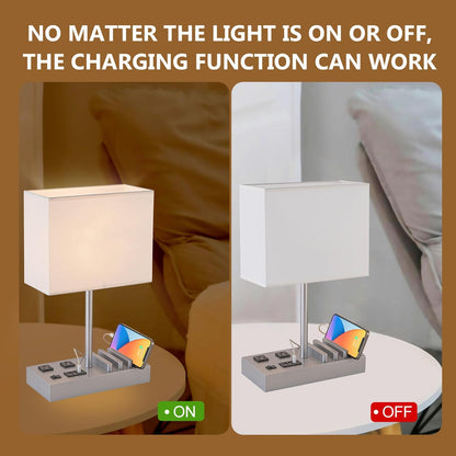 Dreamholder Desk Lamp with 3 USB Charging Ports, Table Lamp with 2AC Outlets and 3 Phone Stands, Nightstand Bedside Lamp with Natural Wooden Base and Cream Linen Shade