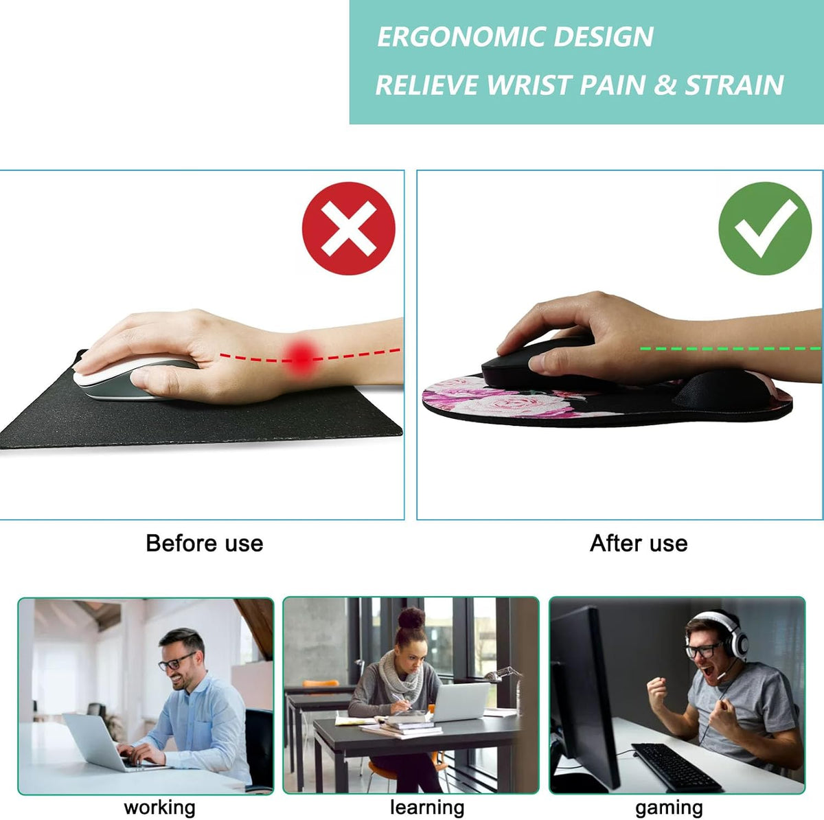 Mouse Pad with Wrist Support, Ergonomic Mouse Pad with Memory Foam Wrist Rest Cushion, Non-Slip Rubber Base Gaming Mice Pad for Home Office Computer Laptop, Flower Black