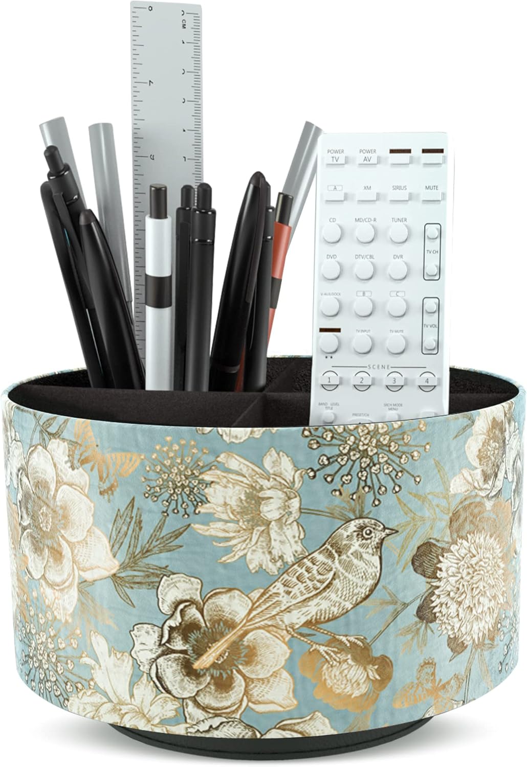 Round Leather Art Supply Organizer,Remote Control Holder,360 Degree Rotating,Multi-Functional Pencil Holder,4 Compartments Desktop Stationary Organizer(1-Blue Bird) - Colors A