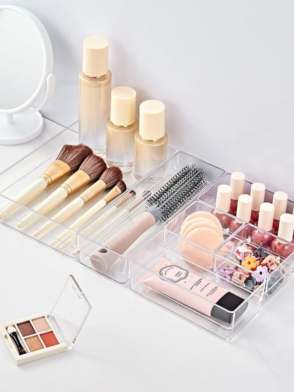 SMARTAKE Drawer Organizer with Non-Slip Silicone Pads, 5-Size Desk Drawer Organizer Trays Storage Tray for Makeup, Jewelries, Utensils in Bedroom Dresser, Office and Kitchen (Clear)