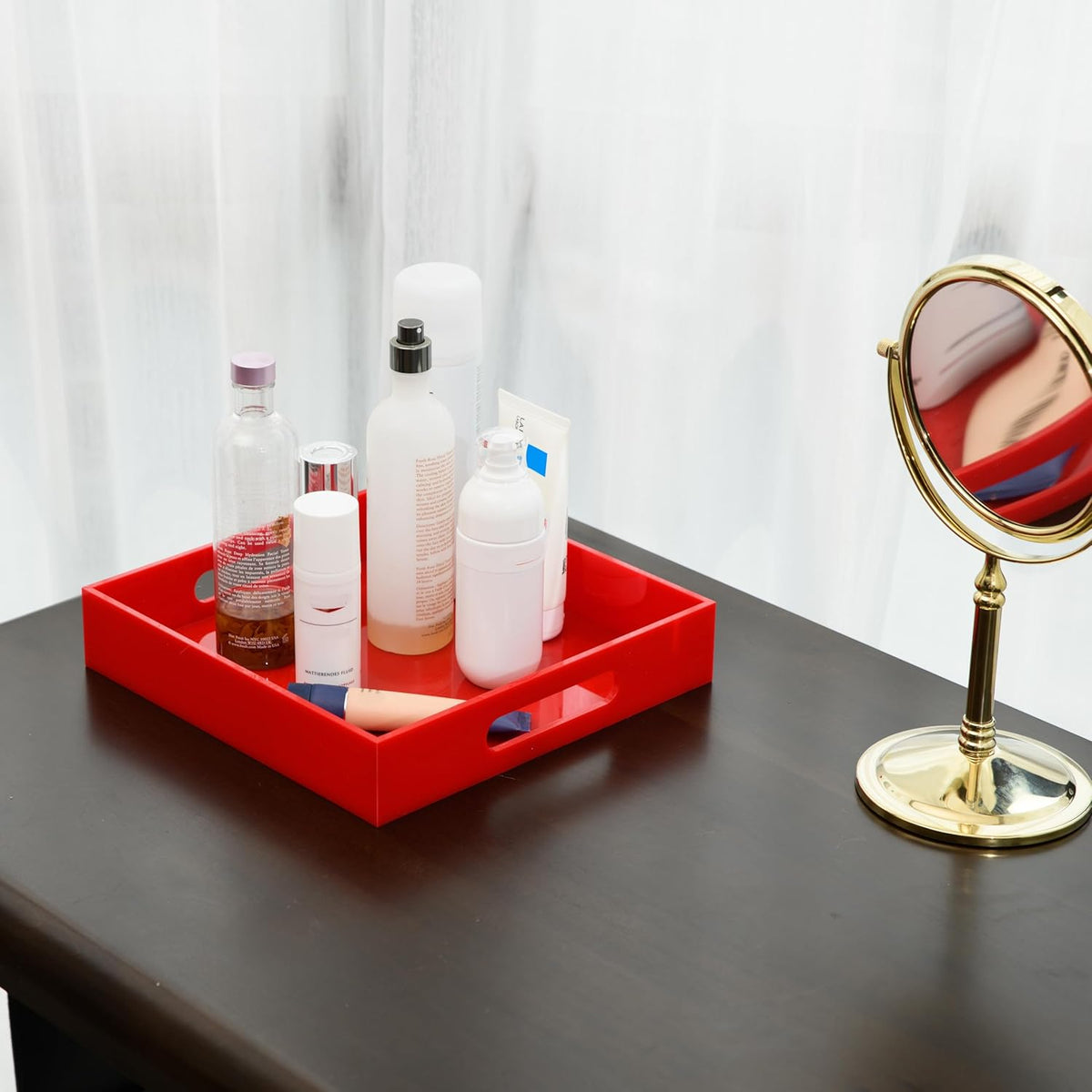 KEVLANG Glossy White Sturdy Acrylic Serving Tray with Handles-12x20 Inch-Serving Coffee Appetizer Breakfast-Kitchen Countertop Makeup Drawer Organizer-Vanity Table Ottoman Decorative Tray