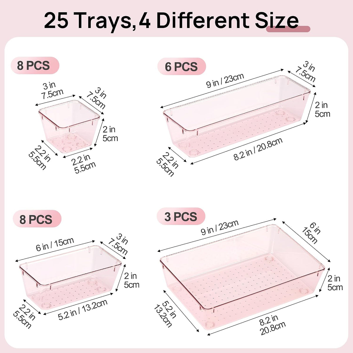 Vtopmart 25 PCS Clear Plastic Drawer Organizers Set, 4-Size Versatile Bathroom and Vanity Drawer Organizer Trays, Storage Bins for Makeup, Bedroom, Kitchen Gadgets Utensils and Office