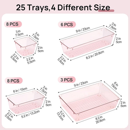 Vtopmart 25 PCS Clear Plastic Drawer Organizers Set, 4-Size Versatile Bathroom and Vanity Drawer Organizer Trays, Storage Bins for Makeup, Bedroom, Kitchen Gadgets Utensils and Office