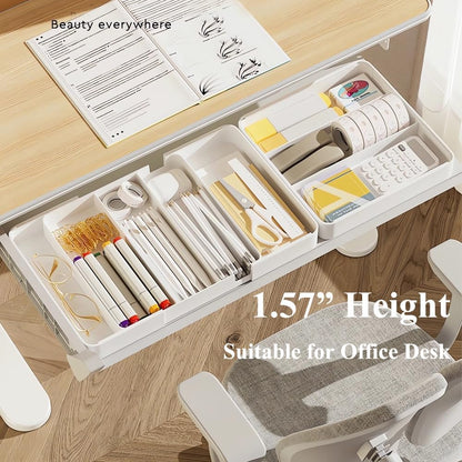 Shallow Drawer Organizer (1.57" H), Modular Expandable Desk Dividers (Width 10.6"-17.9" OR Length 16.1"), Detachable Trays for Office Stationery, Makeup, Kitchen, White