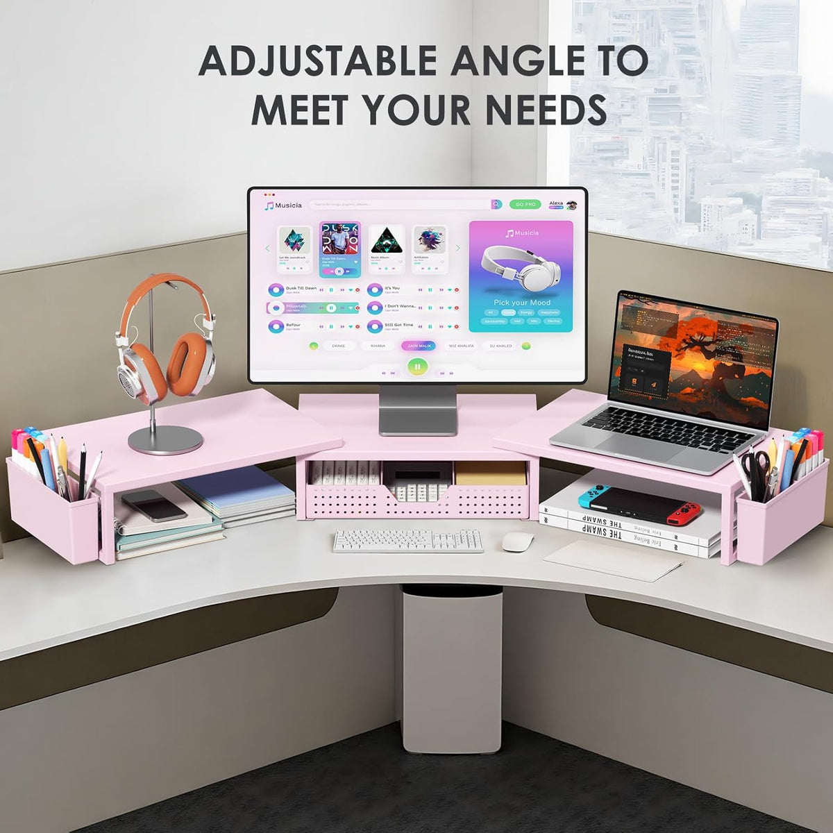 OPNICE Desk Organizers and Accessories, Dual Monitor Stand Riser with Drawer and 2 Pen Holders, Desk Shelf Metal Computer Racks for Office Workspace Organizers, Desktop Organization (Black Metal)