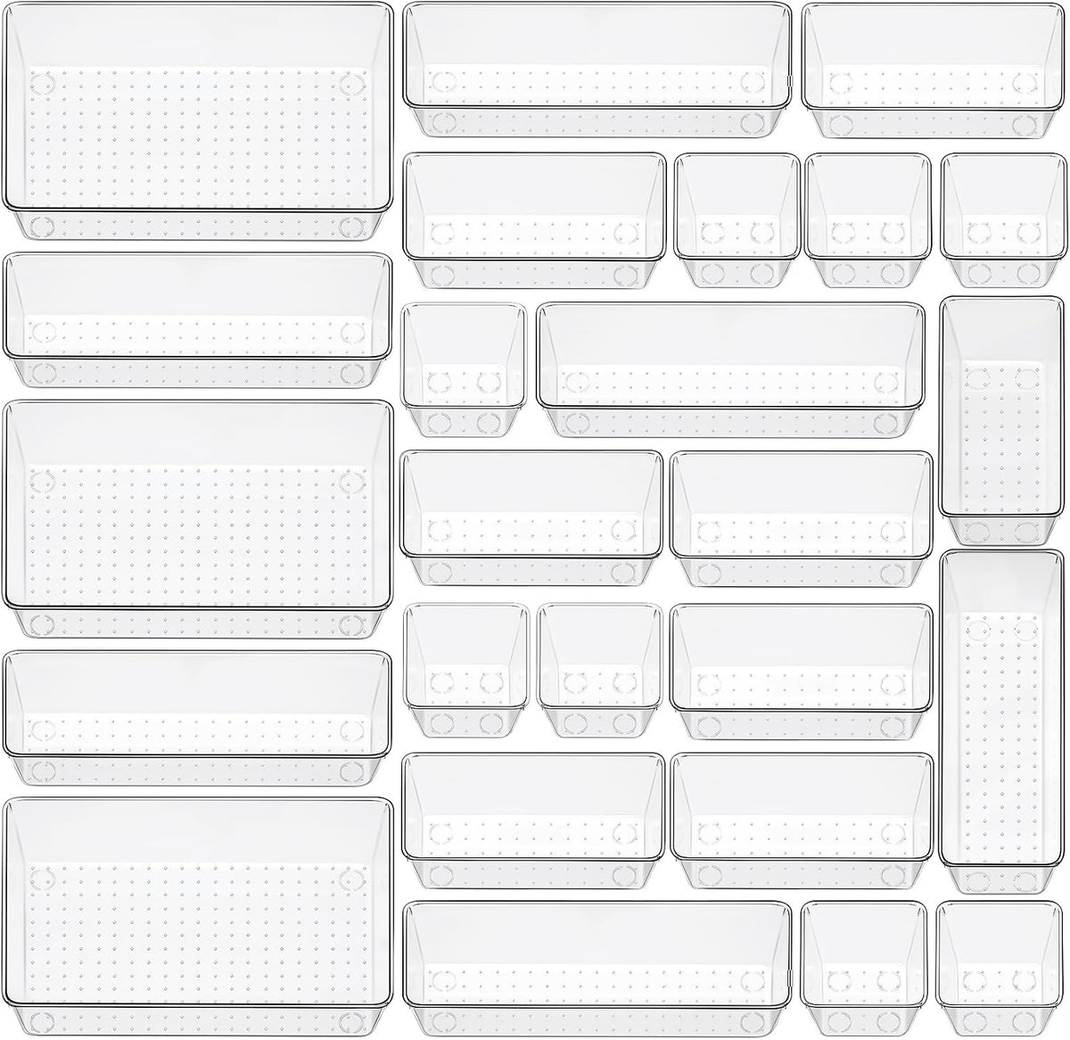 Clear Drawer Organizer Set, 3 Sizes Bathroom Vanity Organizer Trays and Storage Bins for Makeup, Cosmetics, Jewelry, and Gadgets. Perfect for Office, Kitchen, Bedroom, Bathroom Use.
