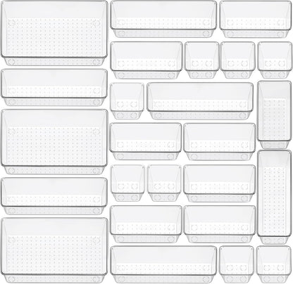 Clear Drawer Organizer Set, 3 Sizes Bathroom Vanity Organizer Trays and Storage Bins for Makeup, Cosmetics, Jewelry, and Gadgets. Perfect for Office, Kitchen, Bedroom, Bathroom Use.