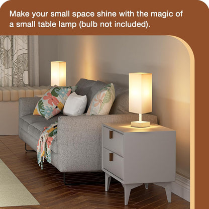 Wood-Grain Small Bedside Lamp for Bedroom - Square Cream Fabric Shade