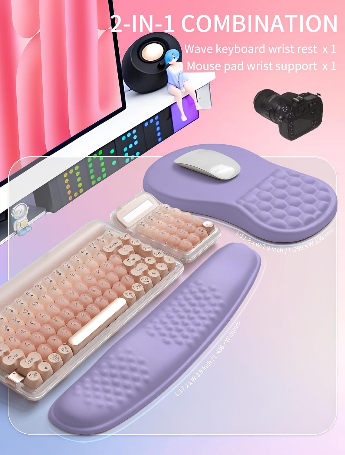 2in1 Combination, Wave Keyboard Wrist Rest and Ergonomic Curvature Mouse Pad Wrist Support for Relieve Wrist Pain, Filled with Soft Cushion Memory Foam, Black