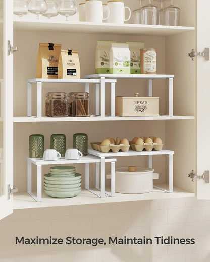SONGMICS Cabinet Organizer Shelf, Set of 4 Kitchen Counter Shelves, Kitchen Storage, Spice Rack, Stackable, Expandable, Metal and Engineered Wood, Cloud White and Natural Beige UKCS010N01