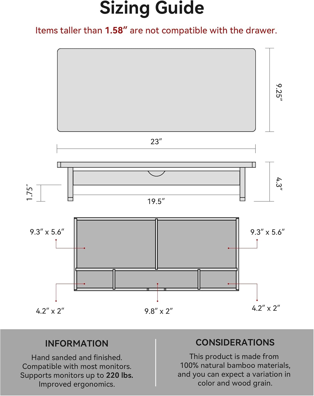 Bamboo Monitor Stand with Large Storage Drawer,23 Inch Ergonomic Computer Riser for Desk, Holds Up to 220lbs, Screen Shelf with 5 Compartments for Keyboard & Stationery Organization