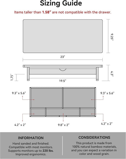 Bamboo Monitor Stand with Large Storage Drawer,23 Inch Ergonomic Computer Riser for Desk, Holds Up to 220lbs, Screen Shelf with 5 Compartments for Keyboard & Stationery Organization
