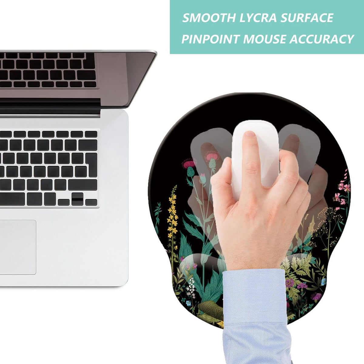 Mouse Pad with Wrist Support, Ergonomic Mouse Pad with Memory Foam Wrist Rest Cushion, Non-Slip Rubber Base Gaming Mice Pad for Home Office Computer Laptop, Flower Black