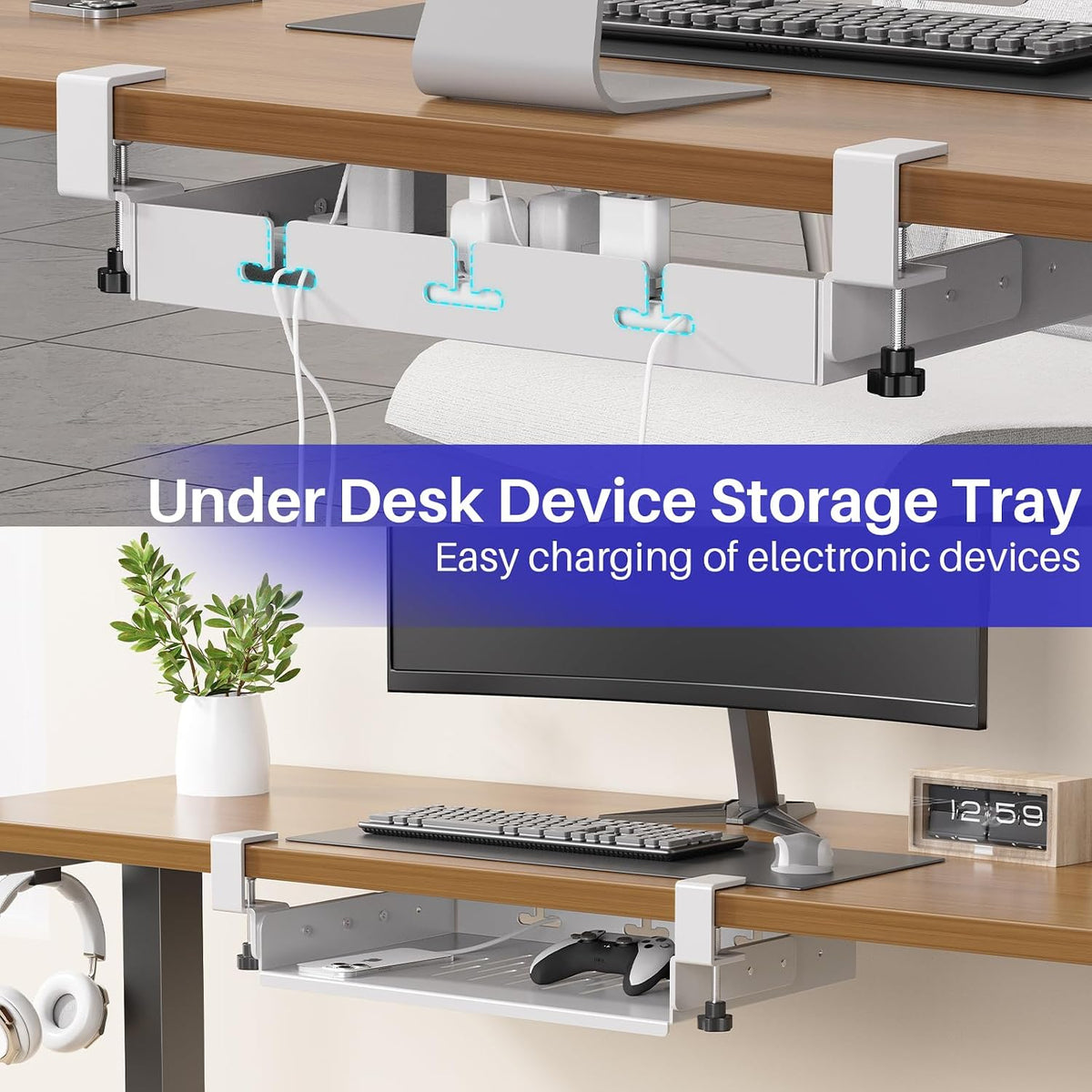 No Drill Under Desk Laptop Mount, Metal Under Desk Storage Shelf with Cable Management, Laptop Storage Tray for MacBook, Keyboard, Mac Mini, Anti-Scratch Silicone, Fits Office, Gaming, Workstations