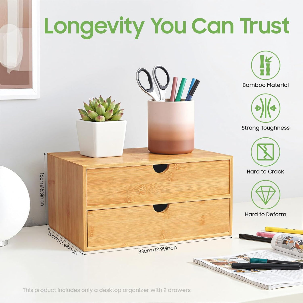 Desk Organizer, Office Vanity Bamboo Desk Organizer, Mini Bamboo Desk Drawer Tabletop Storage Box with 2 Drawer Night Stand Table Organizer for Makeup Vanity Office Supplies (2 Drawer)