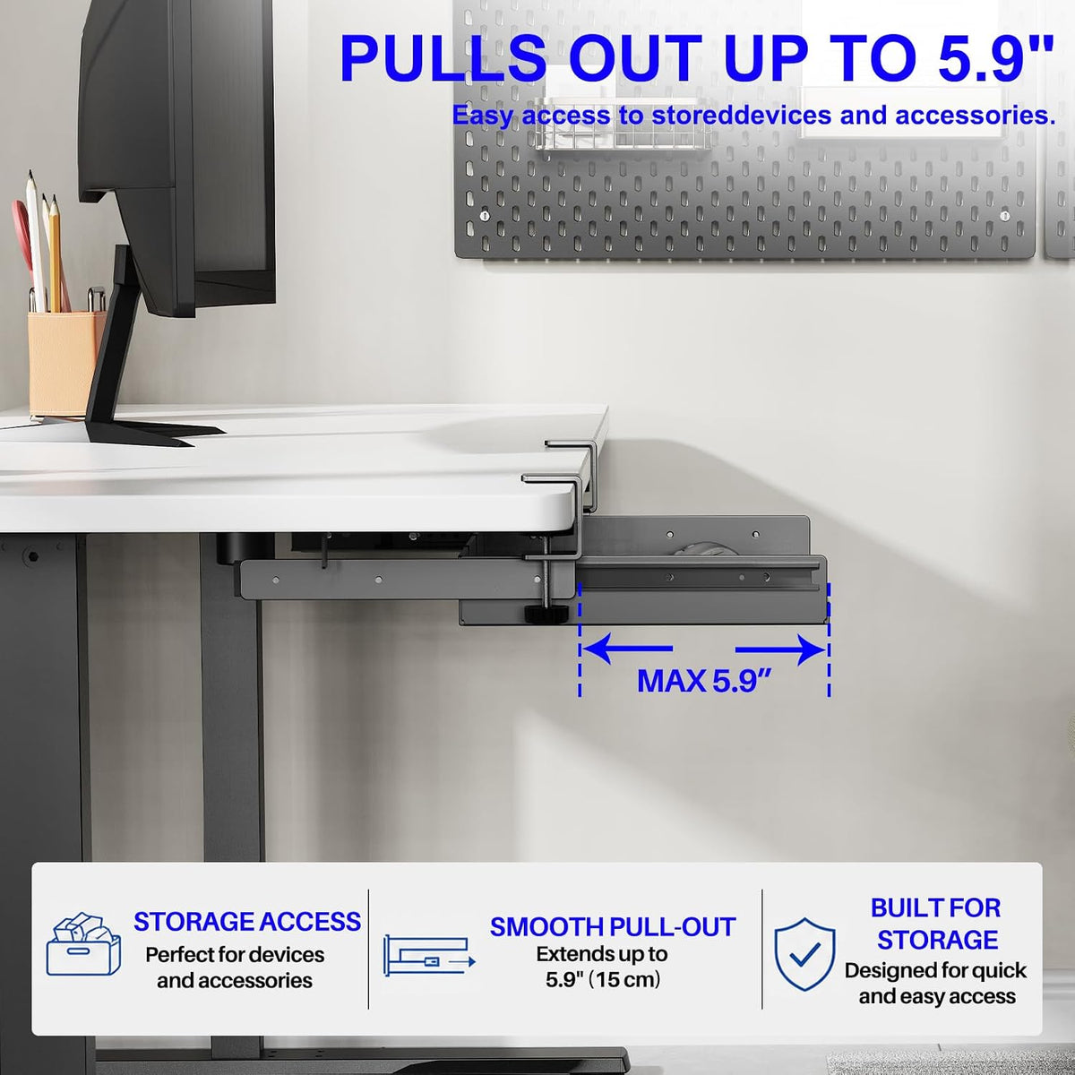 No Drill Under Desk Laptop Mount, Metal Under Desk Storage Shelf with Cable Management, Laptop Storage Tray for MacBook, Keyboard, Mac Mini, Anti-Scratch Silicone, Fits Office, Gaming, Workstations