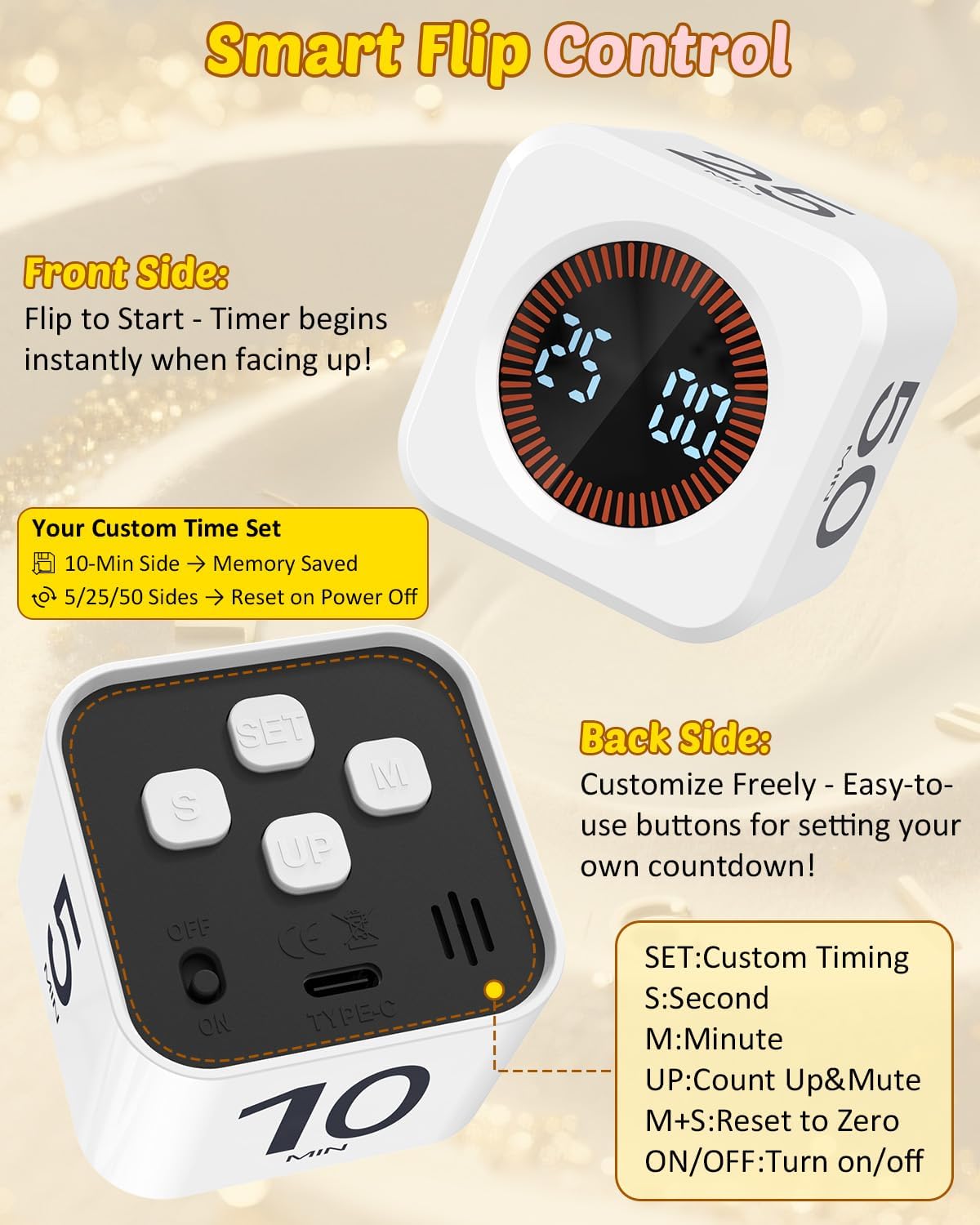 Digital Pomodoro Timer Cube 5/10/25/50min, Visual Productivity Flip Timer for Kids Classroom Desk, Custom Countdown, Silent and Sound Mode for ADHD Study Work Game Kitchen (Purple)