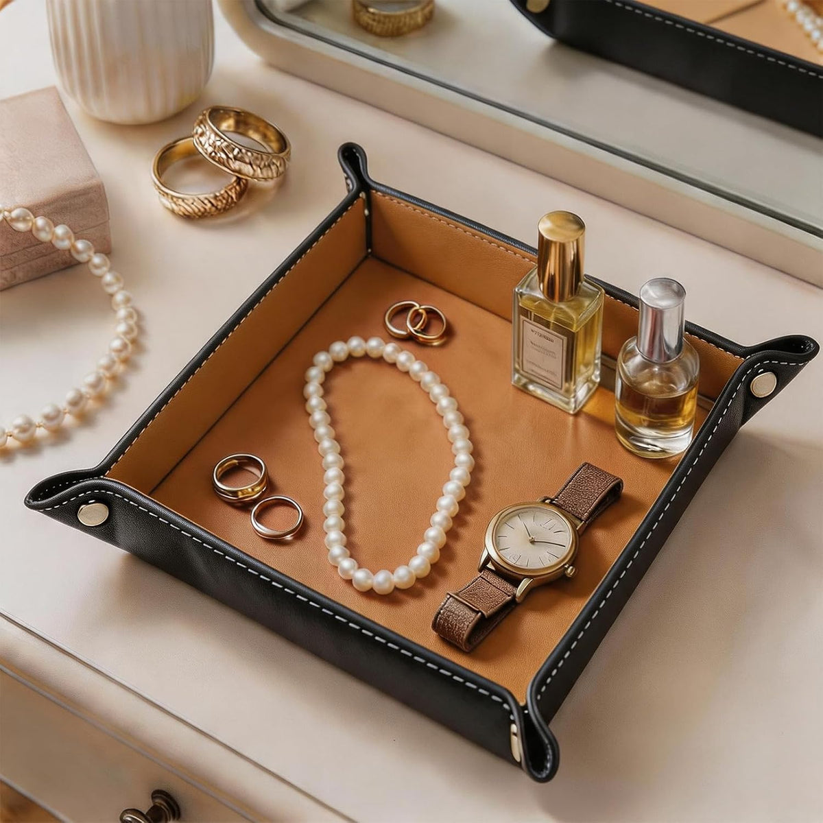 Valet Tray Desktop Storage Organizer – Vegan Leather Catchall Bedside Vanity Tray Nightstand Caddy Holder for Remote Controller, Watch, Keys, Phone, Wallet, Coin, Jewelry (Orange/Black)