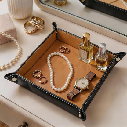 Valet Tray Desktop Storage Organizer – Vegan Leather Catchall Bedside Vanity Tray Nightstand Caddy Holder for Remote Controller, Watch, Keys, Phone, Wallet, Coin, Jewelry (Orange/Black)
