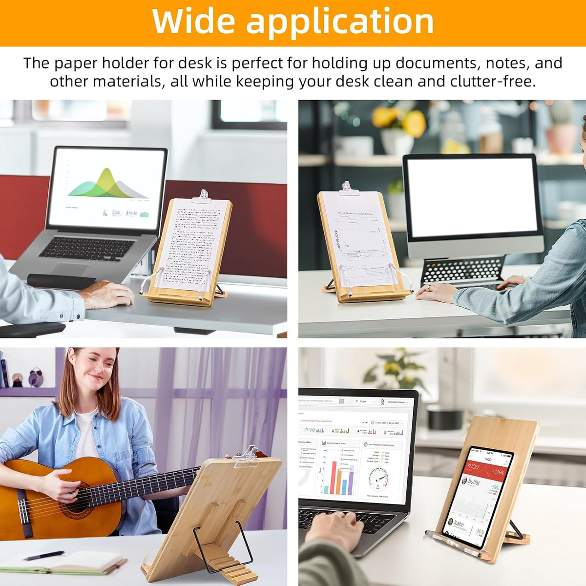 wishacc Large Bamboo Document Holder for Desk - 5 Adjustable Angles Paper Stand for Typing, Oversized Copyholder & Desktop Easel with 2 Page Clips, Foldable Sheet Holder for Legal Pad