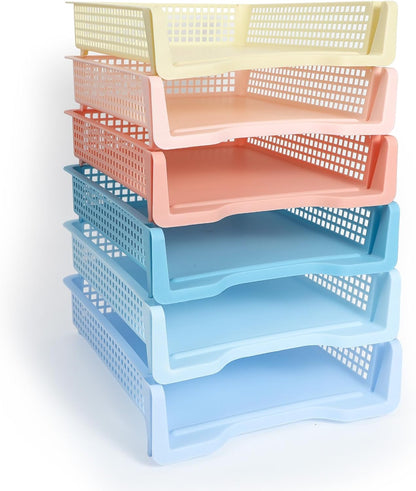 Tenceur 6 Pcs Turn in Trays Classroom, Pastel Paper Tray for Classroom Organization and Storage Stackable Plastic Book Baskets Teacher Organizers for Library Drawers Office Desk
