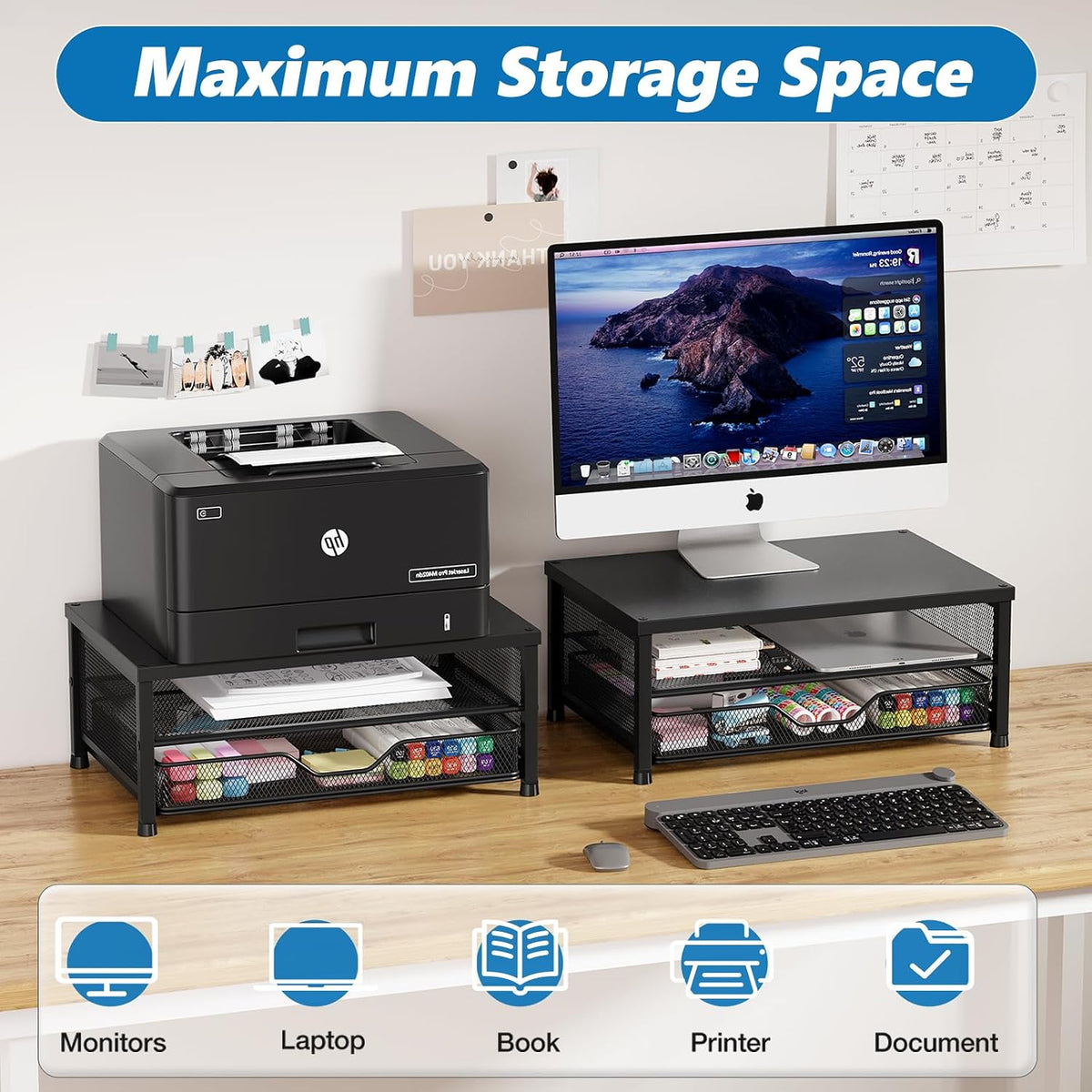 Desk Organizers and Accessories, Computer Monitor Stand Riser with Drawer and 2 Pen Holders, Printer & Laptop Stand, Office Desk Accessories & Workspace Organizers for Home Office Supplies, Black